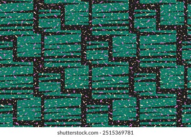 Abstract organic shapes square seamless pattern on a dark background. Vector hand drawing unique green squares with spotted, drops, dots print. Simple contemporary minimalist texture ornament