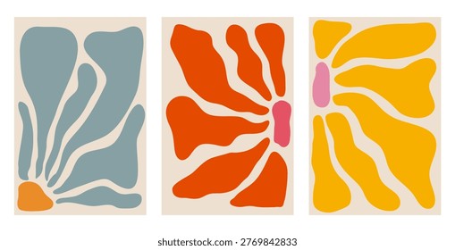 Abstract organic shapes in a triptych arrangement with bold colors