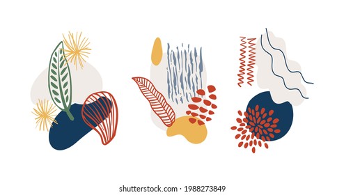 Abstract organic shapes,minimalist elements, hand drawn lines in pastel colors. Modern abstract design set for social media stories, posters, branding. Vector illustration isolated on white background