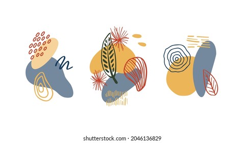Resumen de formas orgánicas, elementos minimalistas, líneas dibujadas a mano en colores pastel. Diseño abstracto moderno para historias de medios sociales, afiches, marca. Ilustración del vector aislada en fondo blanco