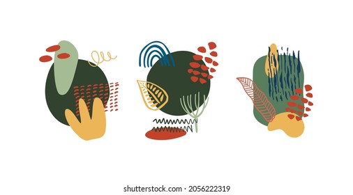 Abstract organic shapes,minimalist elements, hand drawn lines in pastel colors. Modern abstract design set for social media stories, posters, branding. Vector illustration isolated on white background