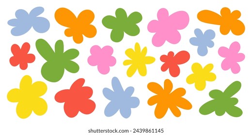 Flores de primavera orgánicas abstractas aisladas sobre un fondo blanco. Figuras al azar de moda.  Ilustración de dibujos animados