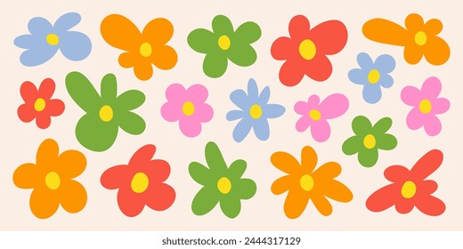 Abstractas flores de primavera orgánicas. Simple juego de iconos ingenuos. Figuras al azar de moda. Vector ilustración de dibujos animados