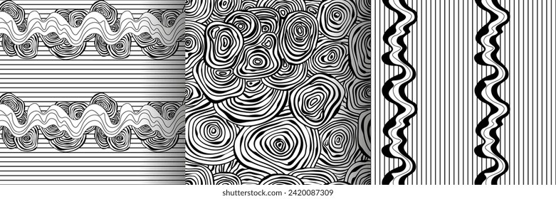 Abstract organic squiggly lines texture circles seamless patterns vector backgrounds set. Modern trendy creative memphis, biological irregular patterns  design