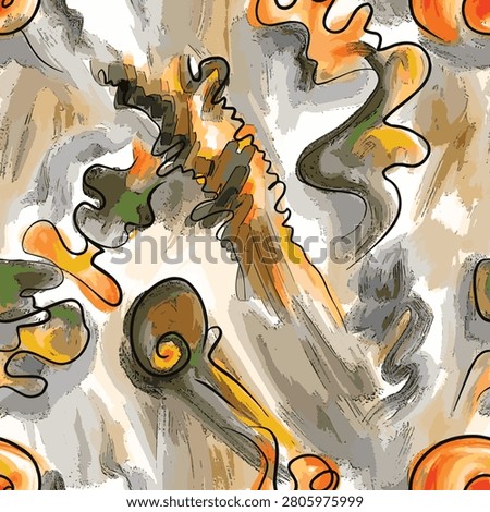 Abstract organic swirl pattern with painterly lines, warm neutrals, gray washes, and orange accents, creating energetic movement for fashion textiles.