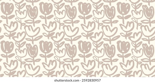 Abstract organic vector floral seamless pattern with hand painted brush flowers in beige neutral colors, modern boho minimal botanical aesthetic