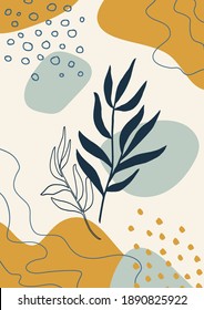 Abstract organic vector shapes, leaves, branch, plants. Natural elements in doodle style for template, cover, poster, greeting card, frame, background. Botanical art. Trendy  backdrop. Modern graphic.