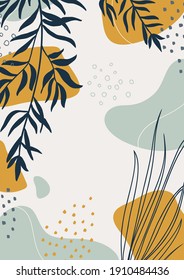 Abstract organic vector shapes, leaves, branch, plants. Modern graphics for business, holiday. Natural elements in doodle style for template, cover, poster, greeting card, frame, background. Botanical