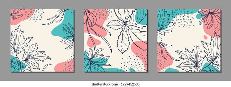 Abstract Organic Vector Shapes, Leaves, Branch, Plants. Set Of Natural Template In Doodle Style For Social Media Post, Cover, Poster, Greeting Card, Background. Modern Graphics For Business, Holiday