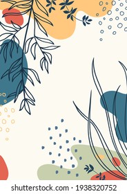 Resumen de formas vectoriales orgánicas, hojas, rama, plantas. Gráficos modernos para negocios, vacaciones. Elementos naturales en estilo doodle para plantilla, cubierta, afiche, tarjeta de saludo, marco, fondo. 