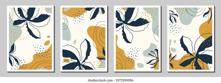 Abstract organic vector shapes, leaves, plants. Set of natural templates, covers, posters, greeting cards, frames, backgrounds in doodle style. Modern graphics for business, holiday. Simple design