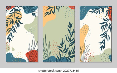 Abstract organic vector shapes, leaves, branch, plants. Set of natural template in doodle style for social media post, cover, poster, stories, background. Modern graphics for business, holiday. 