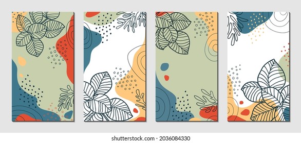 Abstract organic vector shapes, leaves, plants. Set of natural template in doodle style for social media post, cover, poster, stories, background. Modern graphics for business, holiday. 