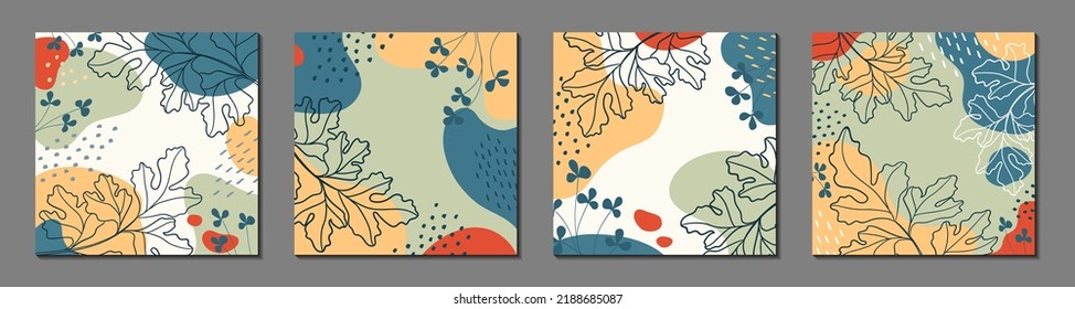 Abstrakte organische Vektorformen, Blätter, Pflanzen. Set von natürlichen Vorlagen im Doodle-Stil für Social-Media-Beiträge, Cover, Poster, Grußkarten, Hintergründe. Moderne Grafik für Business, Urlaub. 