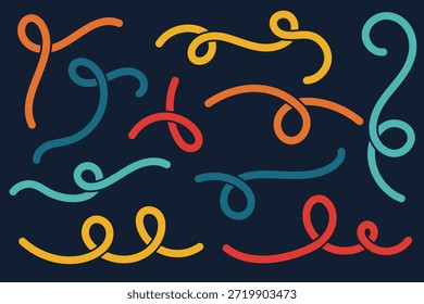 Formas de Vector orgánico Abstractas sobre fondo oscuro. Líneas de doodle retro. Lindos garabatos de estilo retro. Juguetón groovy garabatos de moda. Trazos ondulados simples y audaces.