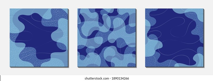 Resumen de formas vectoriales orgánicas con manchas y líneas. Invierno, elementos azules para plantillas de vacaciones, cubiertas, banners, tarjetas de felicitación, marcos, fondos. Diseño sencillo, elegante y minimalista con gráficos modernos. 