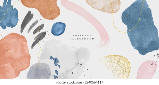 Abstract organic watercolor painting background. Modern minimalist acrylic paint artwork poster with gold glitter. Handmade geometric shapes drawing banner, creative brush texture cover.