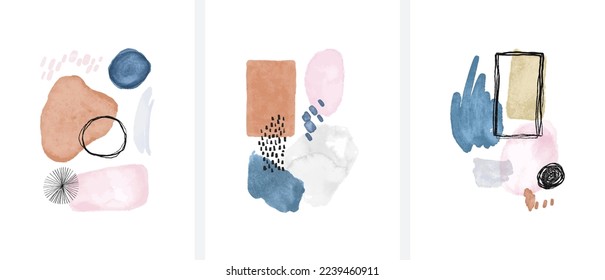 Abstract organic watercolor painting shape set. Modern minimalist acrylic paint artwork poster collection. Handmade geometric shapes drawing  bundle, creative brush texture banner.
