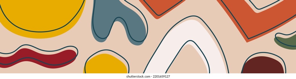 Abstract organic wavy shapes background. Hand drawn autumn colors horizontal banner. For newsletter, web header, social media post, promotional banner and advertising. Vector illustration, flat design