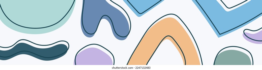 Resumen del fondo de formas onduladas orgánicas. Banner horizontal de colores geniales dibujado a mano. Para boletín, encabezado web, publicación en medios sociales, banner promocional y publicidad. Ilustración vectorial, diseño plano
