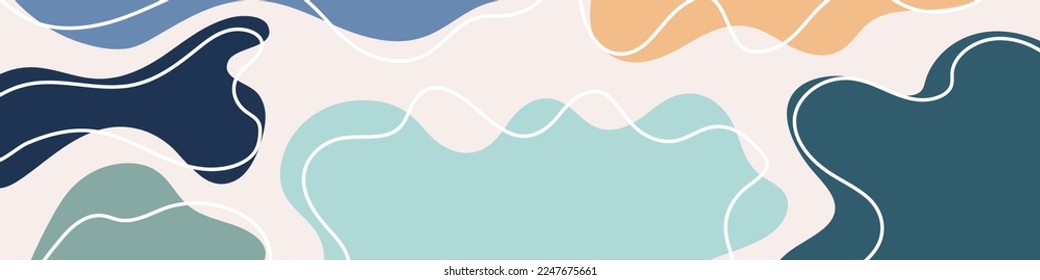Abstract organic wavy shapes background. Hand drawn cool colors horizontal banner. For newsletter, web header, social media post, promotional banner and advertising. Vector illustration, flat design