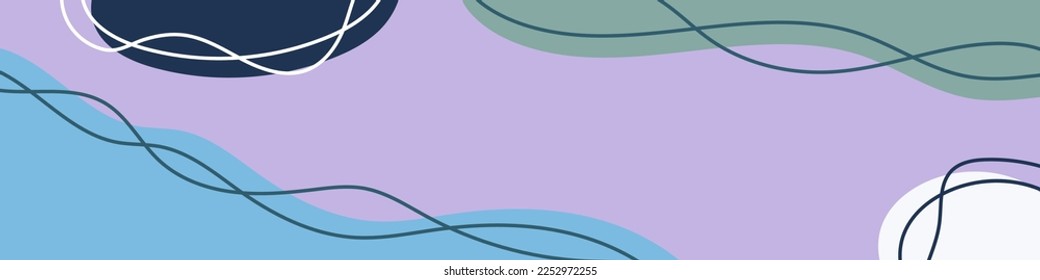 Abstract organic wavy shapes background. Hand drawn cool colors horizontal banner. For newsletter, web header, social media post, promotional banner and advertising. Vector illustration, flat design
