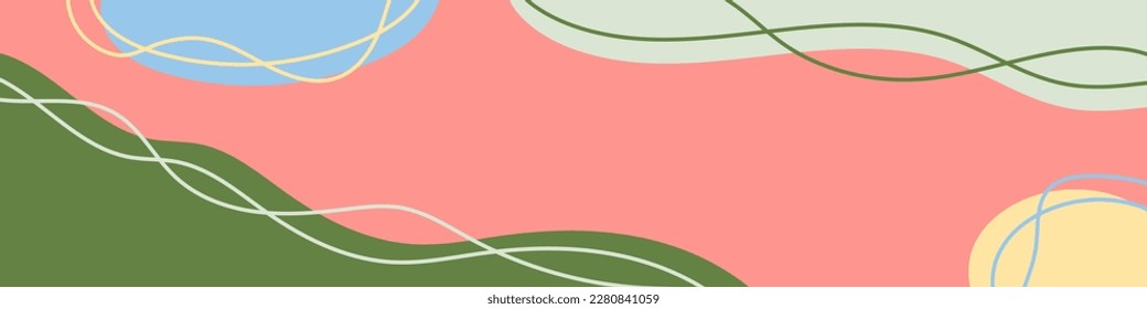 Abstract organic wavy shapes background. Hand drawn vibrant colors horizontal banner. For newsletter, web header, social media post, promotional banner. Vector illustration, flat design