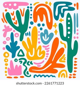 ABSTRACT ORGANICS Form Folk Doodle Sketch Modern African Hand Drawn Flat Shapes For Fabric Print Line Background Textile Matisse Style Creative Art Cloth