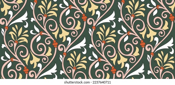 Abstract Oriental Baroque Florals Branches Vintage Motif Leaves Seamless Elegant Pattern Trendy Fashion Colors Damask Style Concept Ornamental Swirls Dark Green Pink Tones