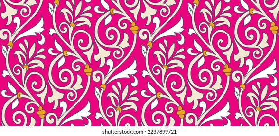 Abstrakter orientalischer Barock Florals Branchen Vintage Motif lässt Nahtlose elegante Muster Trendfarben Modeerscheinungen Damast Style Konzept Zierwirbel Fuchsia Pastellfarben Rosa Töne