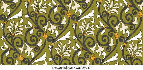 Abstract Oriental Baroque Florals Branches Vintage Motif Leaves Seamless Elegant Pattern Trendy Fashion Colors Damask Style Concept Ornamental Swirls Olive Green Gray Tones