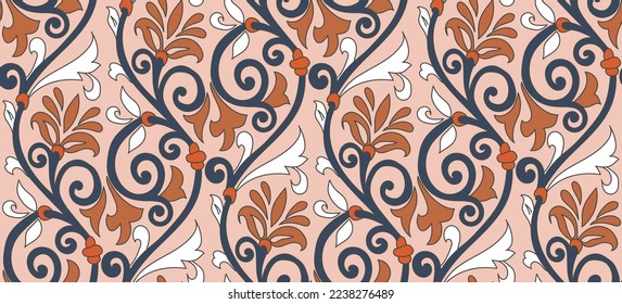 Abstract Oriental Baroque Florals Branches Vintage Motif Leaves Seamless Elegant Pattern Trendy Fashion Colors Damask Style Concept Ornamental Swirls Pastel Pink Navy Blue Tones