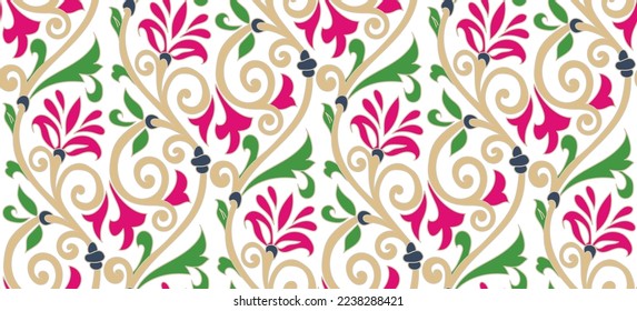 Abstract Oriental Baroque Florals Branches Vintage Motif Leaves Seamless Elegant Pattern Trendy Fashion Colors Damask Style Concept Ornamental Swirls Isolated White Background Fuchsia Green Tones