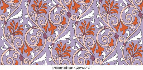 Abstract Oriental Baroque Florals Branches Vintage Motif Leaves Seamless Elegant Pattern Trendy Fashion Colors Damask Style Concept Ornamental Swirls Lilac Coral Tones