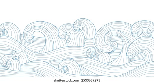 Abstract oriental blue sea waves isolated on white background. Perfect for festive banners, website covers, and greeting cards.