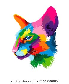 Abstract Oriental cat head portrait from multicolored paints. Colored drawing. Portrait of a muzzle of a kitten, muzzle of a cat. Vector illustration of paints