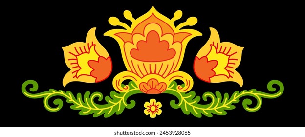 Abstract oriental, eastern, russian yellow bell flowers and leaves isolated on a black background. Horizontal border vector illustration. For decoration, pattern fills, surface textures,clothes design