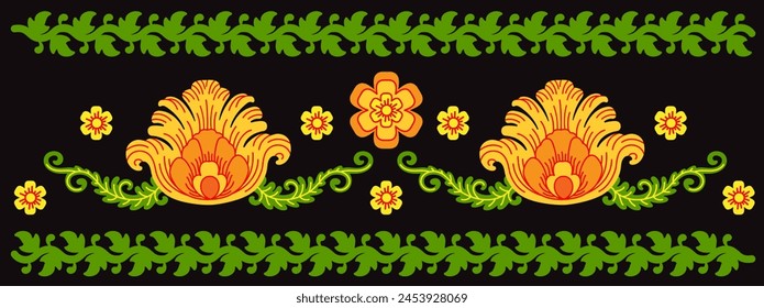 Abstract oriental, eastern, russian yellow flowers and leaves isolated on a black background. Horizontal border vector illustration. For decoration, wallpaper, surface textures, clothes design, tiles