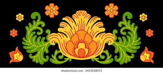 Abstractas oriental, oriental, ruso amarillo flores y hojas aisladas sobre un fondo negro. Ilustración vectorial fronteriza Horizontal. Para decoración, Fondo de pantalla, texturas superficiales, diseño de ropa, azulejos