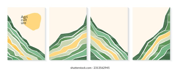 Abstract oriental farm field collage background. Japanese mountain poster template. Farmland landscape vector illustration with texture. Asian decorative A4 poster, eco design, green rural template