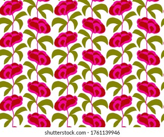 Abstract Oriental Flowers Drawing Seamless Vector Pattern Isolated Background