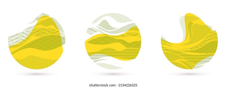 Abstract oriental Japanese art vector backgrounds set in yellow color in shape of circle, traditional style design, wavy shapes and mountains terrain landscape, runny like sea lines.