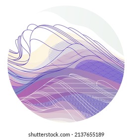 Abstract oriental Japanese art vector background in a shape of circle, traditional style design, wavy shapes and mountains terrain landscape, runny like sea lines.