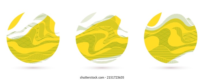 Abstract oriental Japanese art vector backgrounds set in yellow color in shape of circle, traditional style design, wavy shapes and mountains terrain landscape, runny like sea lines.