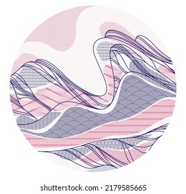 Abstract oriental Japanese art vector background in a shape of circle, traditional style design, wavy shapes and mountains terrain landscape, runny like sea lines.