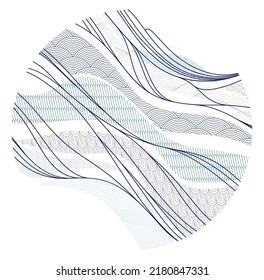 Abstract oriental Japanese art vector background in a shape of circle, traditional style design, wavy shapes and mountains terrain landscape, runny like sea lines.