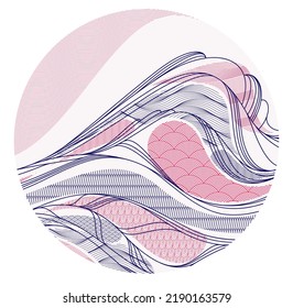 Abstract oriental Japanese art vector background in a shape of circle, traditional style design, wavy shapes and mountains terrain landscape, runny like sea lines.