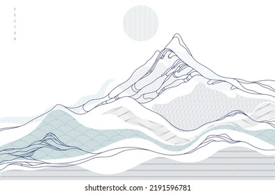 Abstract Oriental Japanese Art Vector Background, Traditional Style Design, Wavy Shapes And Mountains Terrain Landscape, Runny Like Sea Lines.
