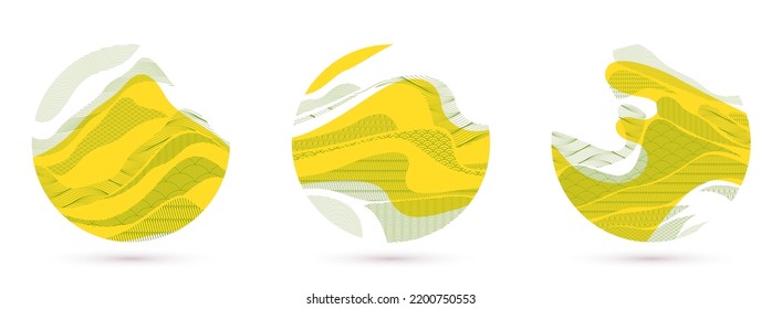 Abstract oriental Japanese art vector backgrounds set in yellow color in shape of circle, traditional style design, wavy shapes and mountains terrain landscape, runny like sea lines.