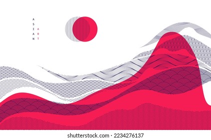 Abstract oriental Japanese art vector background in red color, traditional style design, wavy shapes and mountains terrain landscape, runny like sea lines.